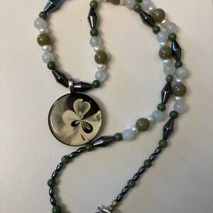 Sterling Silver Jade Hematite Beaded Necklace with Pendant 28”
